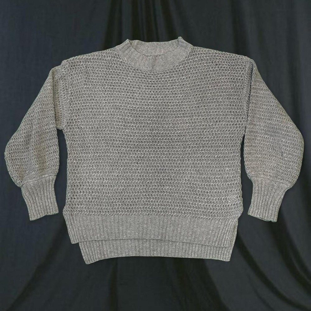 Grey Open Knit Balloon Sleeve Sweater Crew Neck High Low Hem One Size